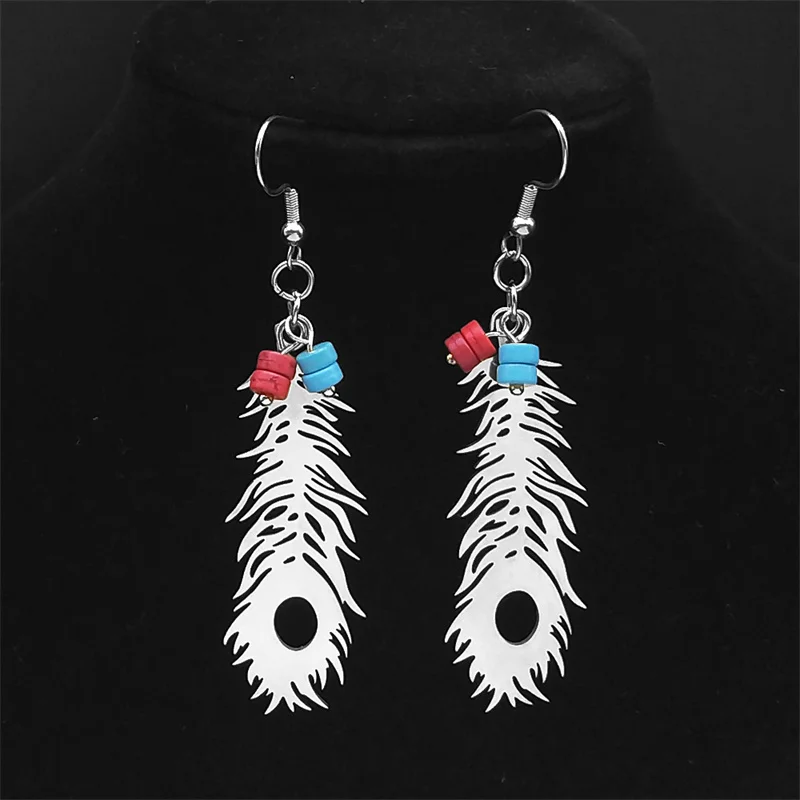 

Boho Hollow Feather Beaded Drop Earring Ethnic Stainless Steel Silver Color Dangle Earrings Jewelry boucle d’oreille femme E4627