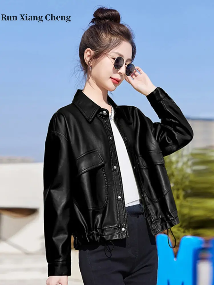 2023Women's Autumn Korean Style PU Leather Jacket Imitation Leather Leather Street Fashion Turn-down Collar Motorcycle Style Top