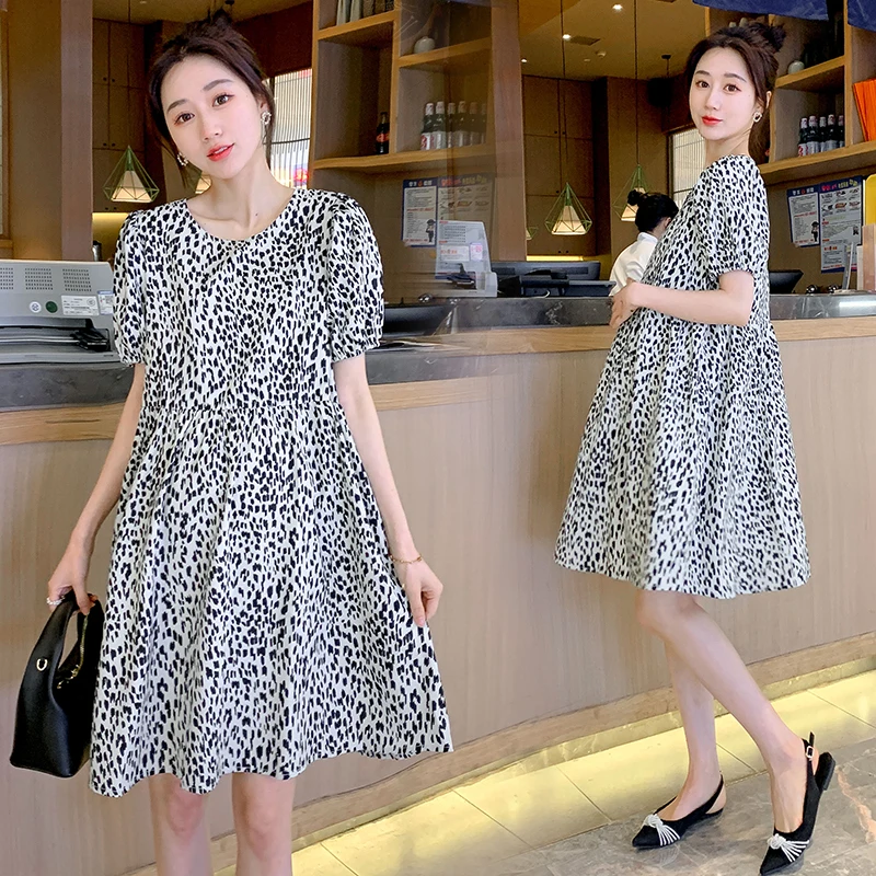 

901 2022 Summer Korean Fashion Leopard Printed Maternity Dress Sweet Lovely A Line Clothes for Pregnant Women Pregnancy Clothing