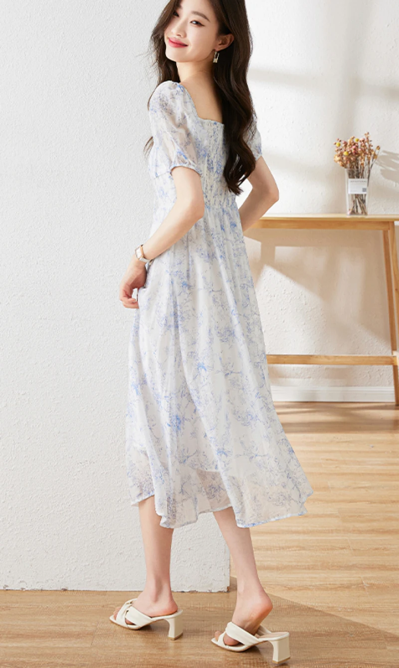 Женское шифоновое платье миди с квадратным вырезом элегантное французским