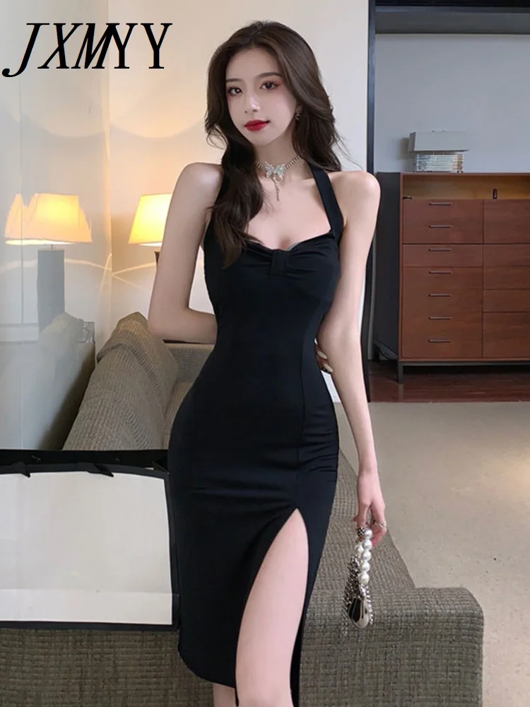 

Летнее модное темпераментное тонкое черное платье на бретельках с открытой спиной и разрезом, маленькое черное платье с высокой талией