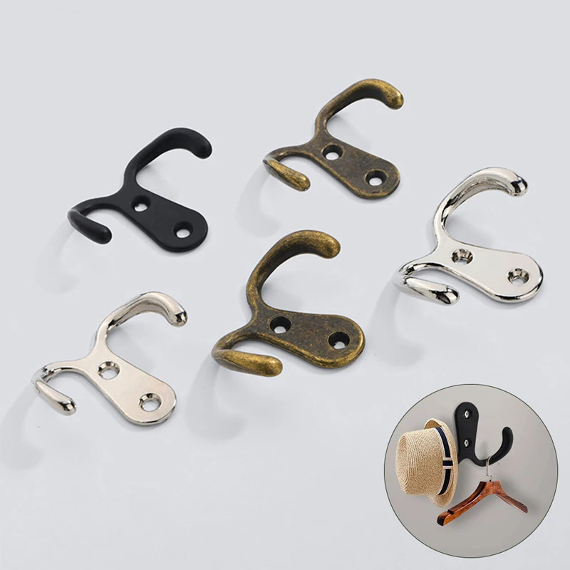 

Antique Chinese Style Creative Hanging Clothes Hooks Double Hook For Coat Behind Door Solid Wood Wall Hangers Zinc Alloy Rack