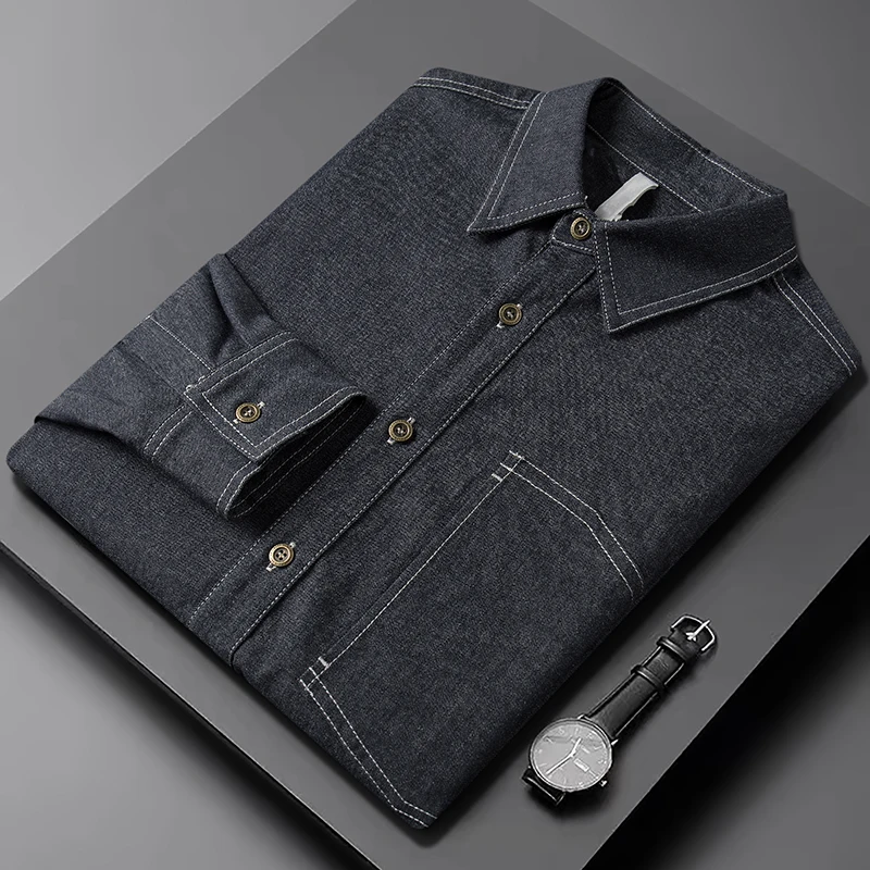

Men Spring Autumn High Quality Denim Shirts/Male Slim Fit Fashion Business Lapel Dress Cowboy Long Sleeve Shirt M-2XL