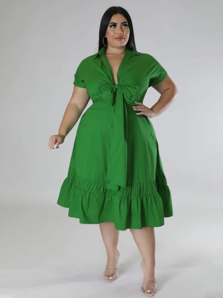 Plus Size Summer Dress Women 4xl 5xl 2023 Elegant Bow Pleated Midi Office Ladies Dresses Robe Grande Taille Female Vestidos 2023