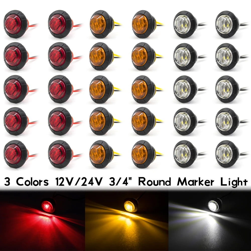 

10PCS 12V/24V Round 3 LED Sealed 3/4" Inch Side Marker Clearance Light Turn Signal Indicator Lamp Truck Trailer Lorry Caravan