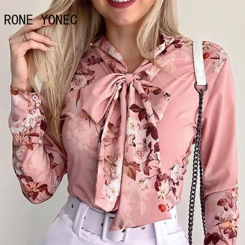 Женская элегантная блузка с длинными рукавами-фонариками и цветочным принтом