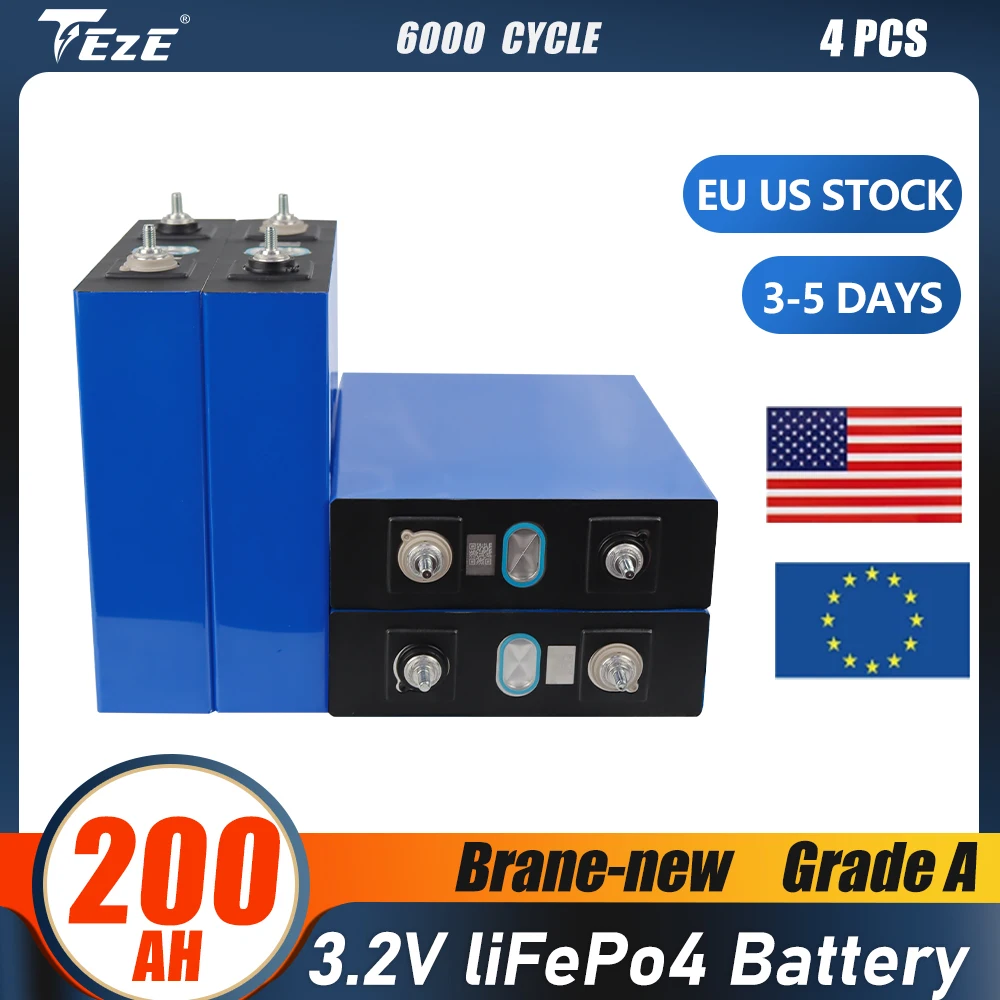 Brand New 3.2V Lifepo4 Battery 200Ah 230Ah 280Ah Rechargeable Solar Cell Pack for 12V 24V Boat Golf Cart RV EU Stock Grade A