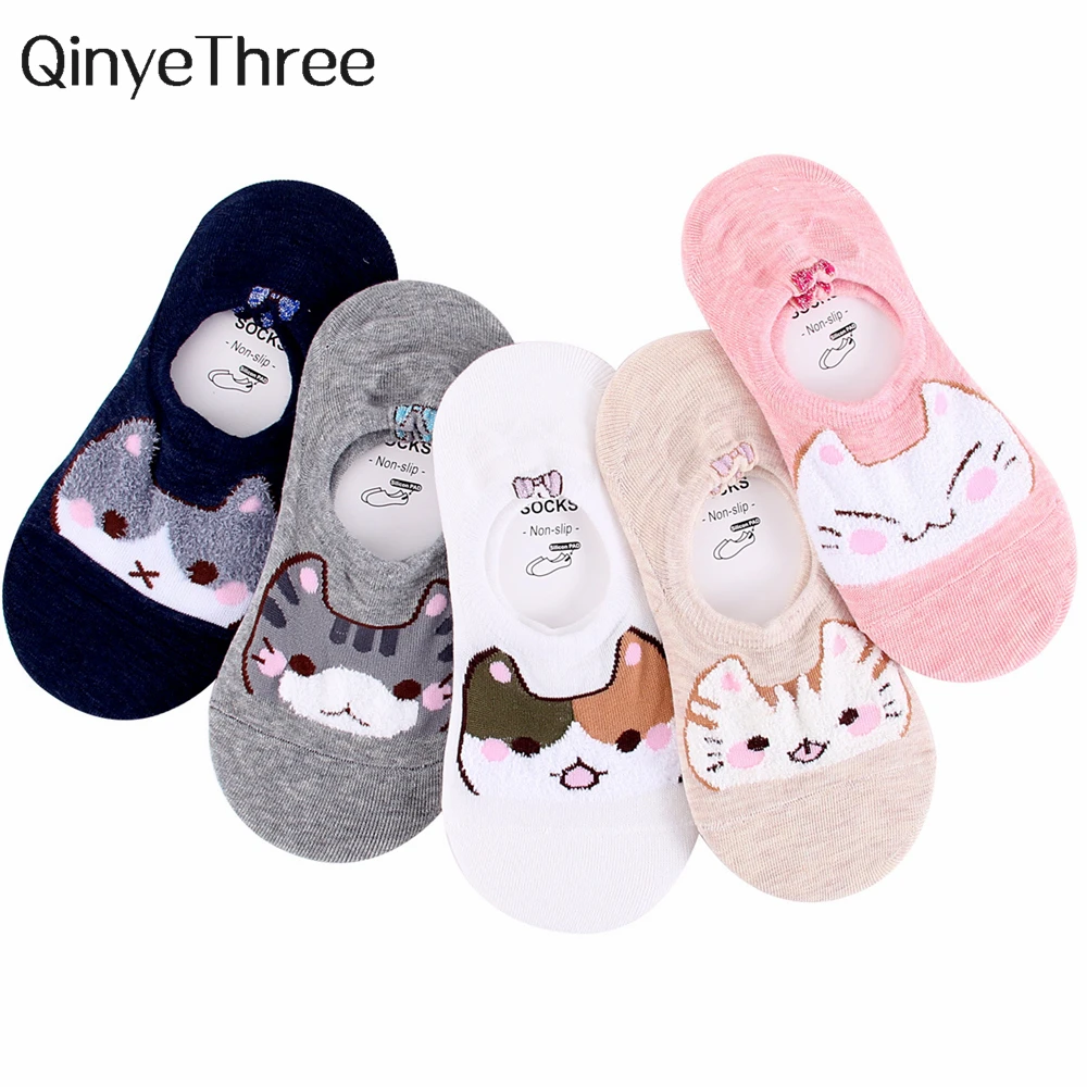 

New Hot Selling Spring Summer Women's Cute Cartoon 3D Cat Face With Feather Yarn Silicone Non-Slip Soft Cotton Socks Dropship