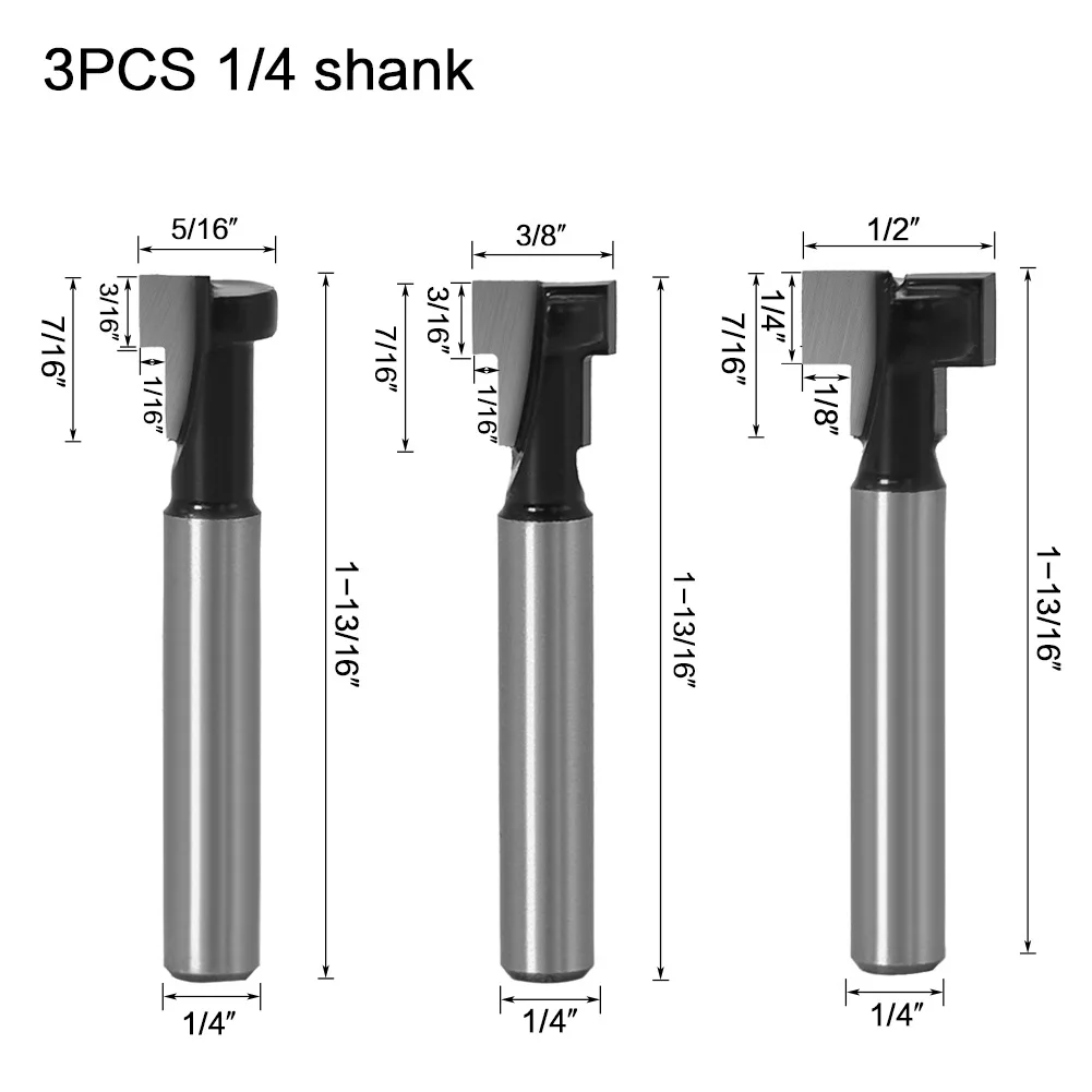 

1/4" (6.35mm) Shank Keyhole Router Bits Set 3-Different-Size Woodworking T-Slot Milling Cutters Set