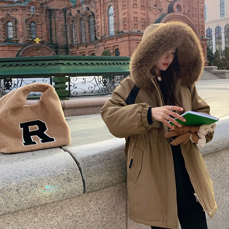 Pai Overcome Women's Winter Medium length Casual Large Fur Collar Plush Thickened Coat