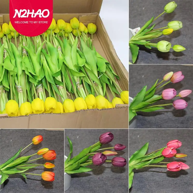 

3 Flowers 2 Buds Simulation Tulips Silicone Real Touch Tulips Bouquet Decorative Artificial Flowers Living Room Decoration