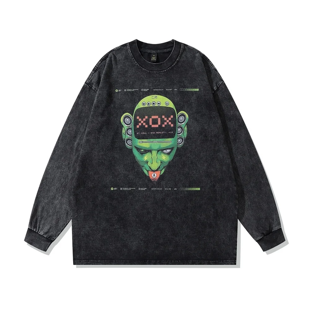 

Monster Graphic Print Gothic Harajuku T-Shirt Hip Hop Streetwear Washed Black 2023 Men Cotton Long Sleeve Tshirt Loose Oversized
