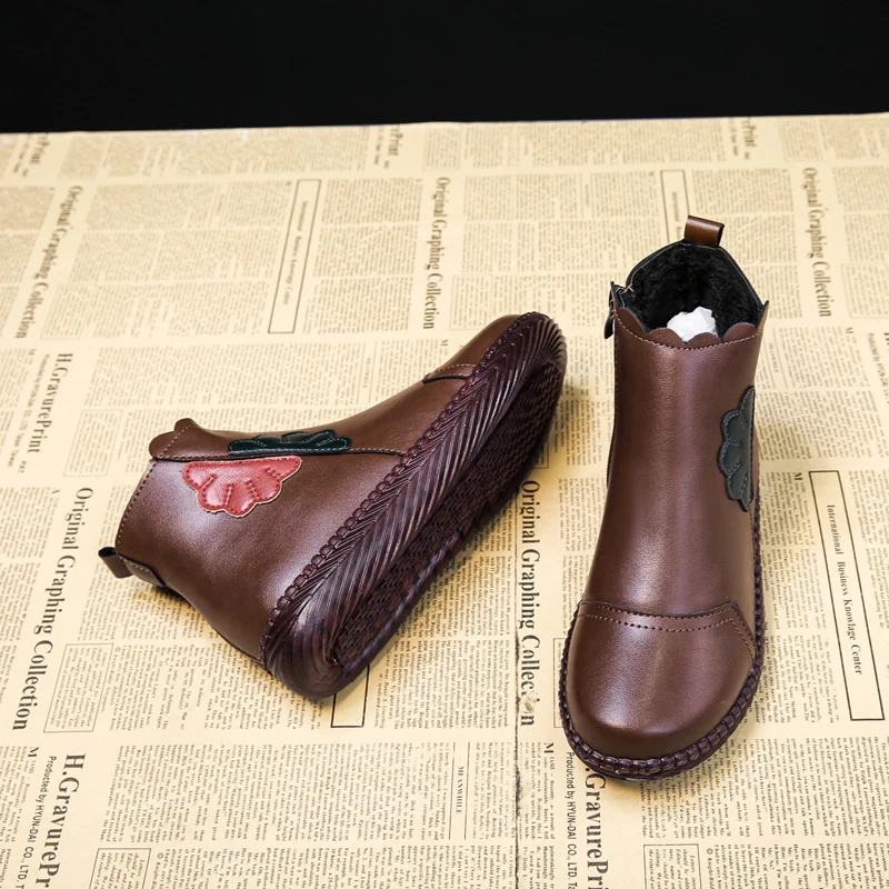 2023 Winter Women Genuine Leather Ankle Boots Handmade Lady Soft Flat Shoes Comfortable Casual Moccasins Side Zip Ankle Boots