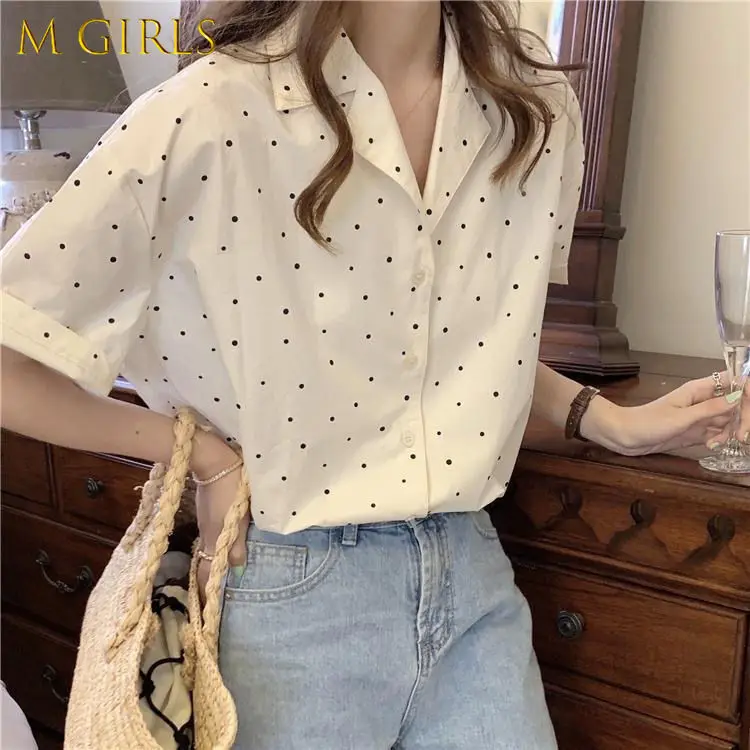 

M GIRLS Short Sleeve Shirts Women Notched Dot Thin Summer Retro Sweet Classic Casual Chic Basic Cozy Kawaii Popular Ins