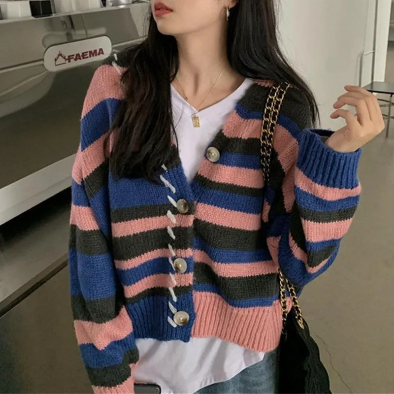 

2023 Vintage Striped Loose Sweaters Japanese V Neck Sweet Student Knitting Elegant Jumpers Y2k Knitted All Match Cardigans Femme