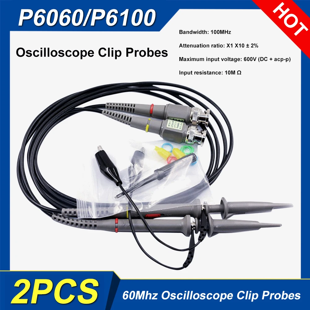 

2pcs P6100/P6060 60/100MHz Oscilloscope Clip Probes with Accessory Kit Mini Alligator Clip and Ground Lead Portable Oscilloscope