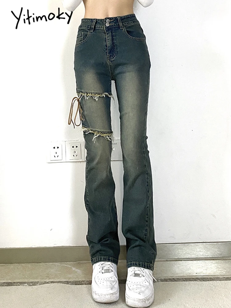 

Yitimoky 2000s Vintage Jeans Women Fashion High Waist Skinny Denim Pants Y2K Retro Do Old Trousers For Girl Harajuku Korean 2022