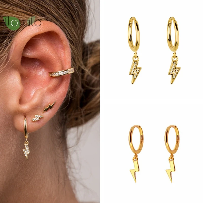 

925 Sterling Silver Needle Minimalist Lightning Pendant Hoop Earrings for Women Premium Trend Gold Earrings Party Luxury Jewelry