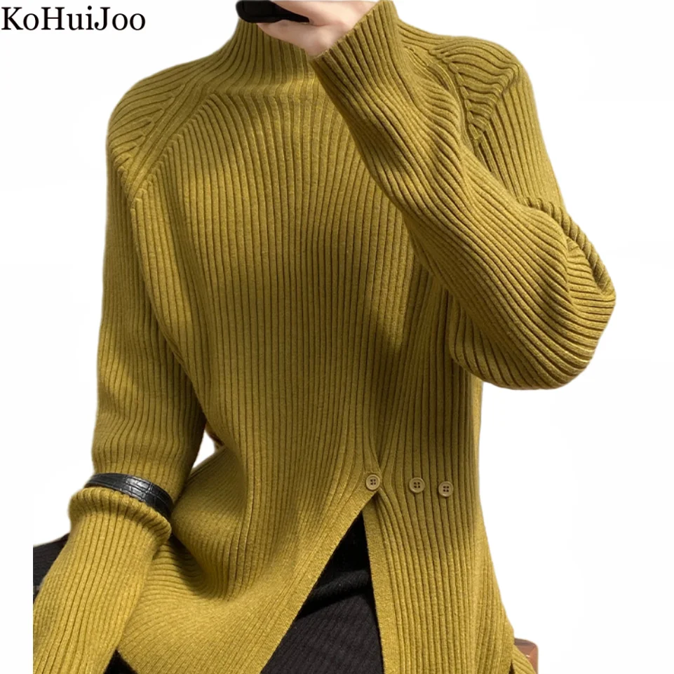 

KoHuiJoo Mock Neck Sweater Women 2022 Winter New Long Sleeve Pullovers Loose Korean Fashion Sweaters Knitwear Tops Green Khaki