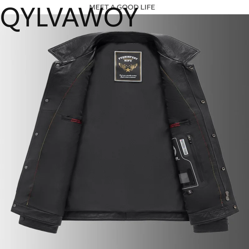 Фото QYLVAWOY Куртки из натуральной коровьей кожи для мужчин, деловые повседневные пальто с отложным воротником, высококачественная короткая куртка, осенне-зимняя куртка №4
