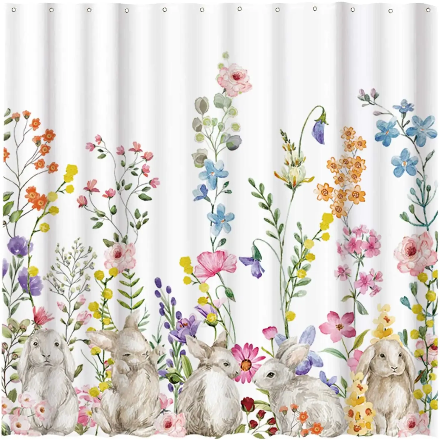 

Spring Bunny Shower Curtain Set with Hooks Watercolor Flowers Bohemian Rustic Easter Rabbit Farm House Festival Bathroom Decor