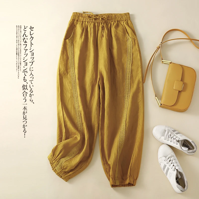 

Брюки-султанки, новинка 2022, хлопковые льняные лоскутные брюки с высокой талией и кружевом, винтажные женские осенние брюки с вышивкой, женские повседневные брюки