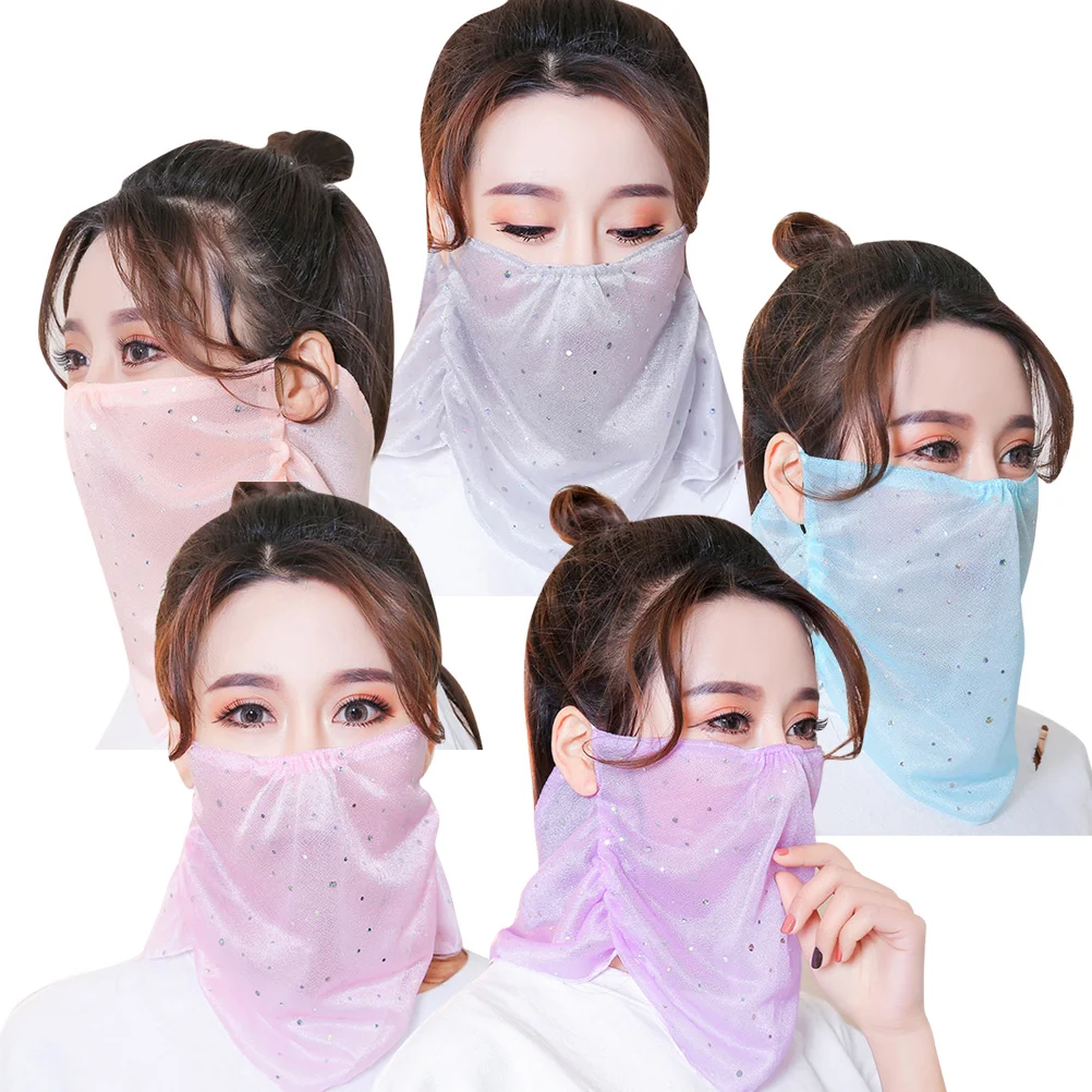 

5pcs Sun Shield Neck Mask Breathable Paillette Face Veil Scarf Riding Scarf for Women Ladies Girls (Purple/Blue/Pink/Flesh
