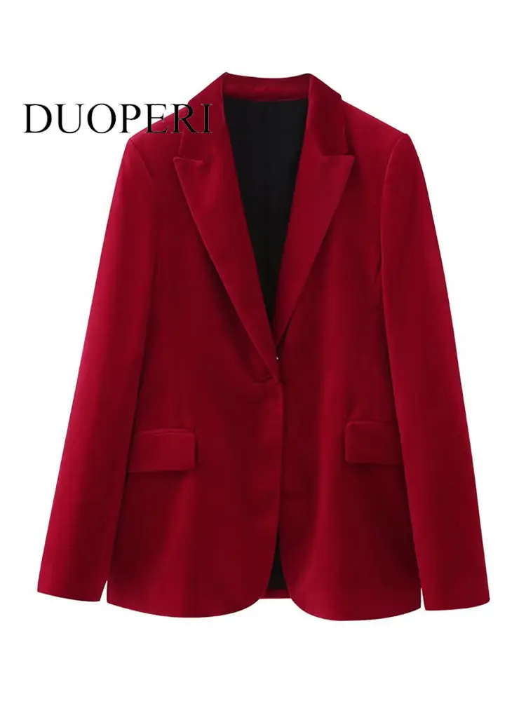 

DUOPERI Women Fashion With Pockets Velvet Red Single Button Blazer Vintage Long Sleeves Notched Neck Female Chic Lady Outfits