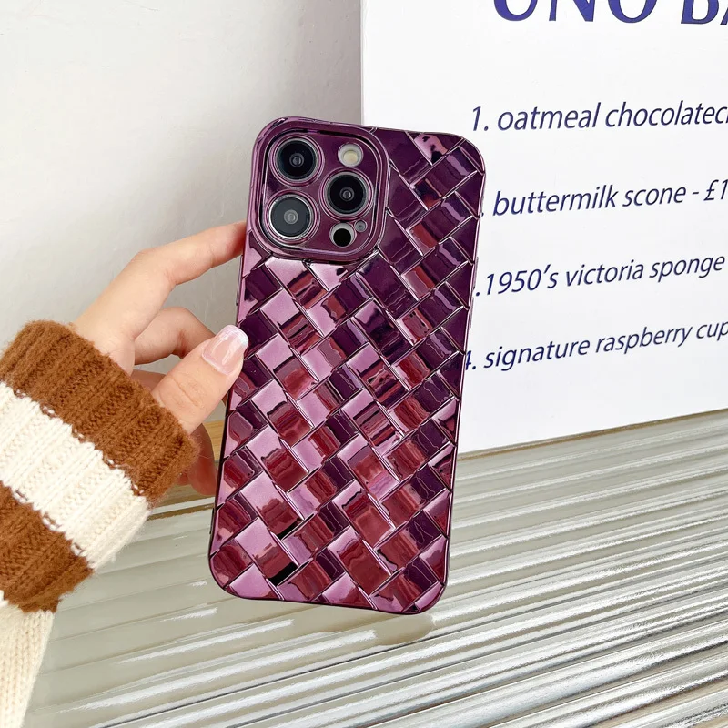 

Luxury Electroplating Purple Woven Pattern Phone Case For iphone 14 Plus 13 Pro Max Funda Plain 12 11 Soft Silicone Coque Cover