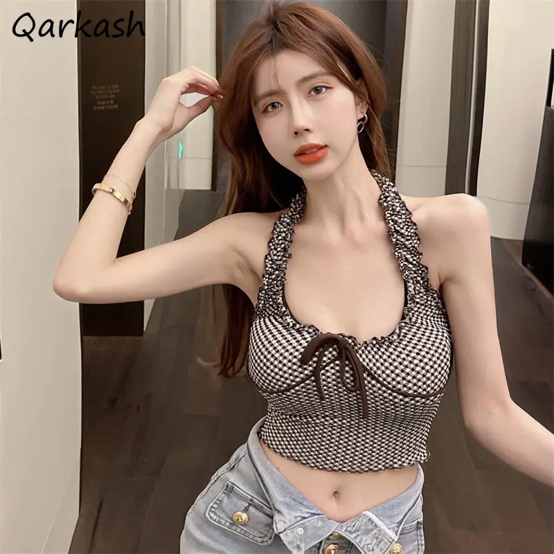 

Plaid Halter Tanks for Women Drawstring Y2k 2022 Summer Korean Style Slim Sexy Crop Tops Mujer Females Vintage Harajuku Retro