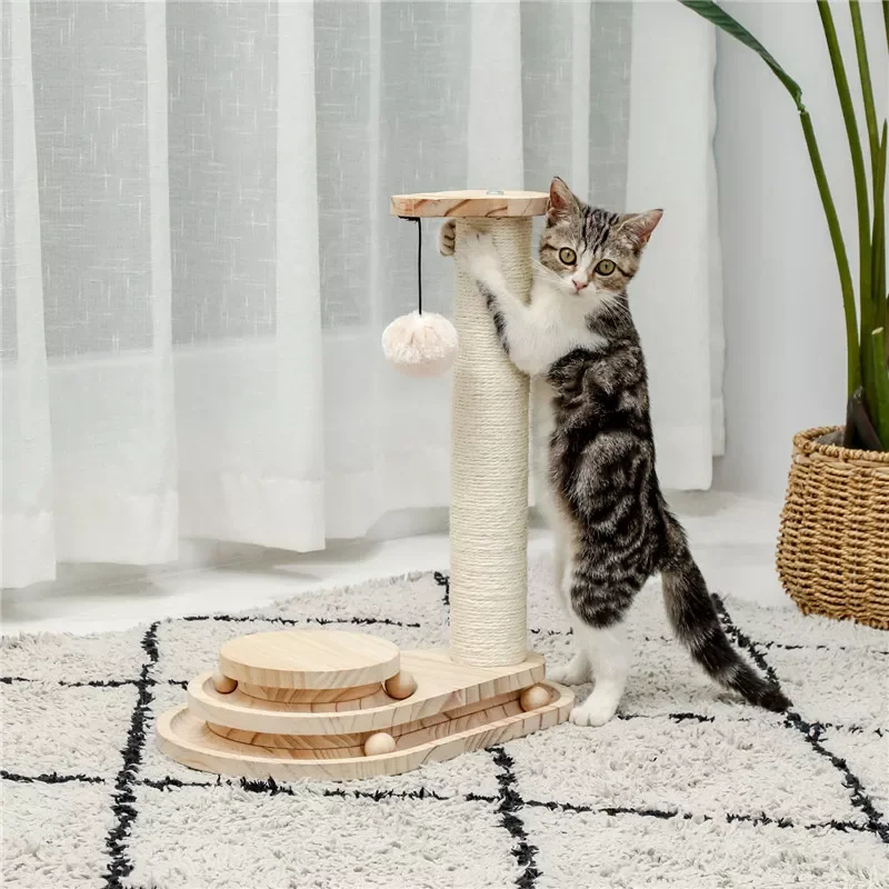 

Interactive Wooden Cat Toy Double Layer Rotating Smart Track Ball Cat Scratching Post With Dangling Ball Pet Interactive Toys