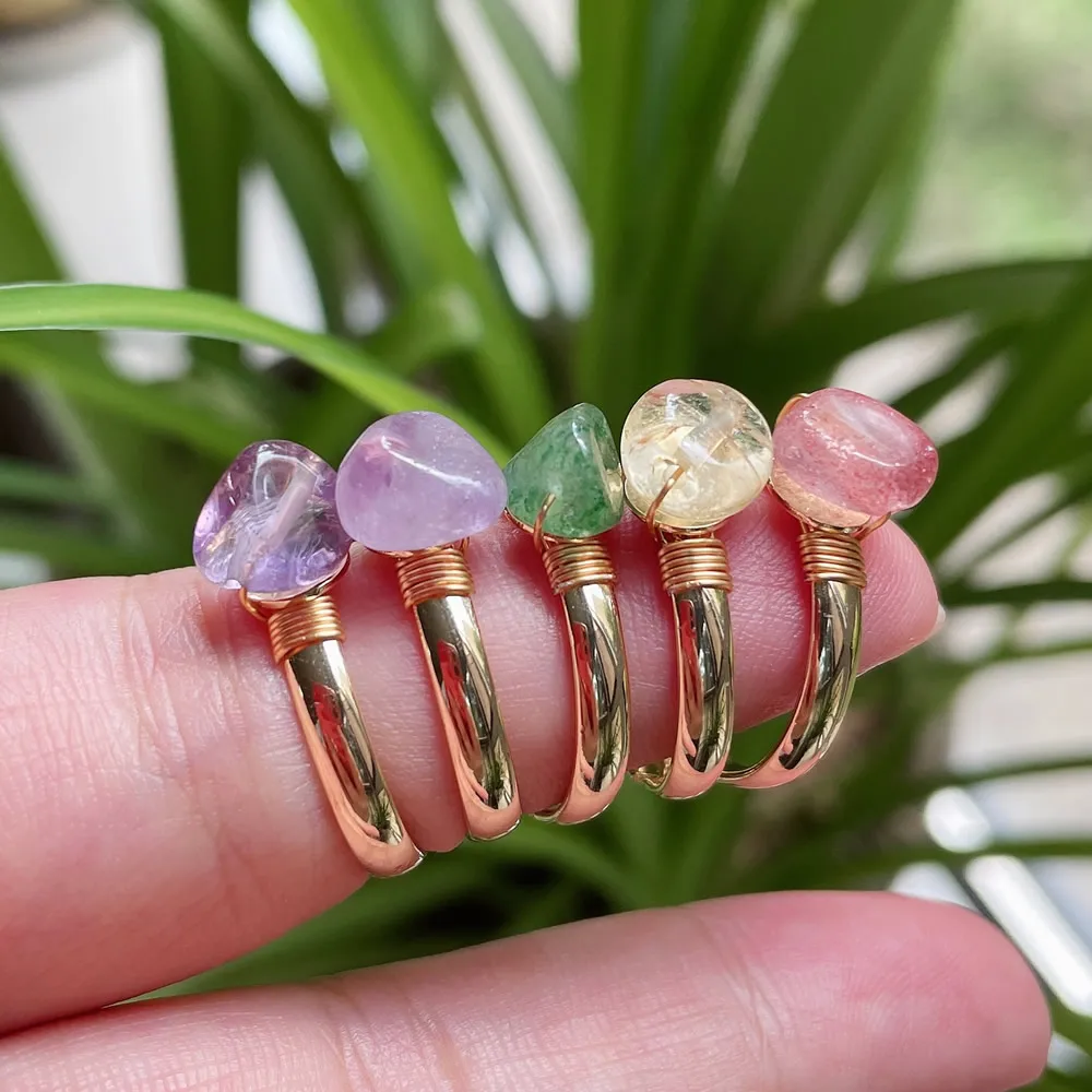 Женские регулируемые кольца с натуральным кристаллом золотистые Агаты