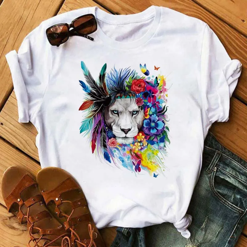 

Fashion Female Wolf Tiger Lion Feather White T-shirt Women Harajuku Graphic T-shirt Casual Animal Female Streetwear Tops