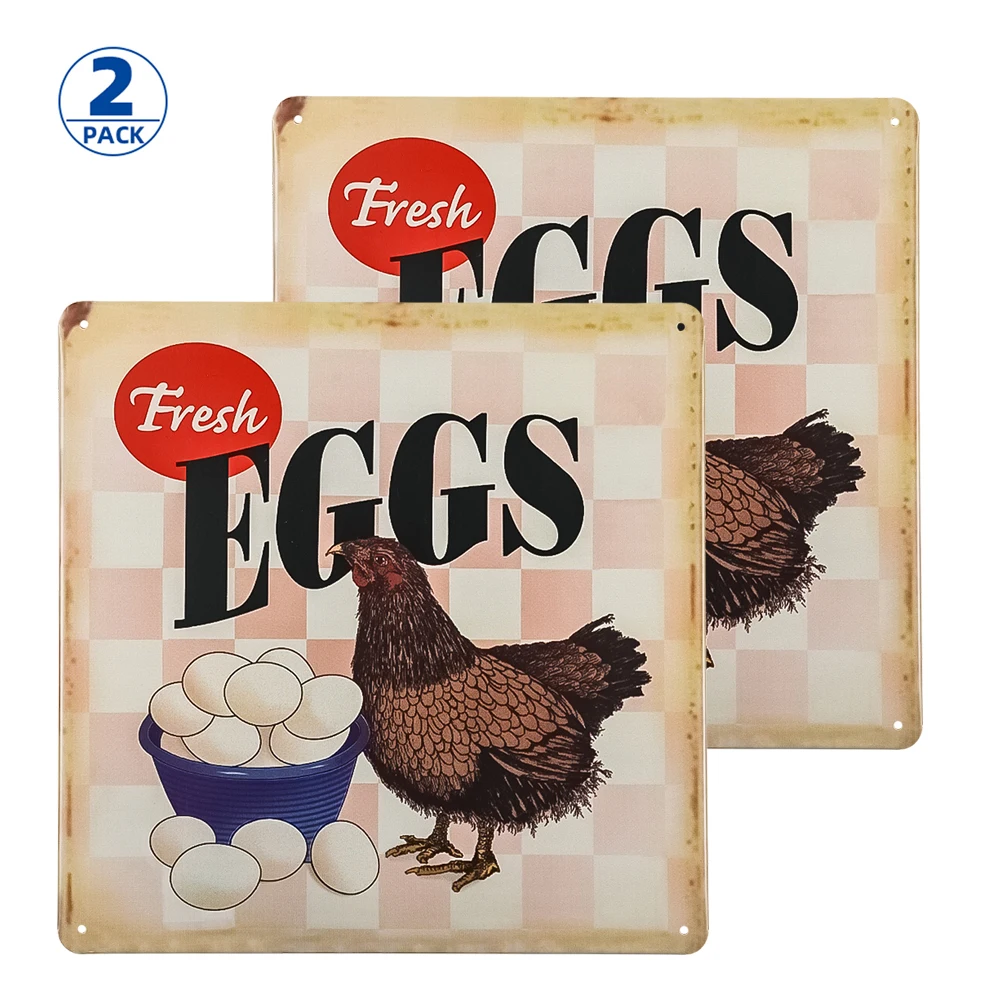 

2 Pack Vintage Tin Sign Decor-Farm Fresh Eggs Chicken Wall Decor for Kitchen Home Garage Bar Pub Outdoor