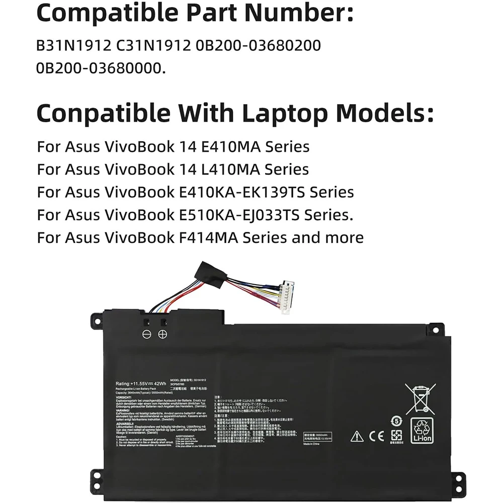 Фото B31N1912 C31N1912 Аккумулятор для ноутбука ASUS VivoBook 14-E410MA L410MA E410KA E510MA E510KA F414MA L510MA R522MA E410MA-EK026TS №2