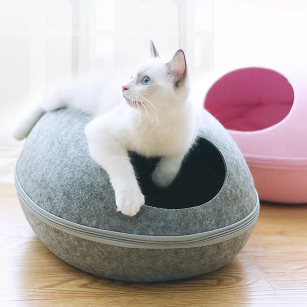 

Egg shell Cat Bed Detachable Natural Felt Cats House Sleeping Bag with Nest Cushion Mat Soft Breathable Semi Enclosed Pet Cave