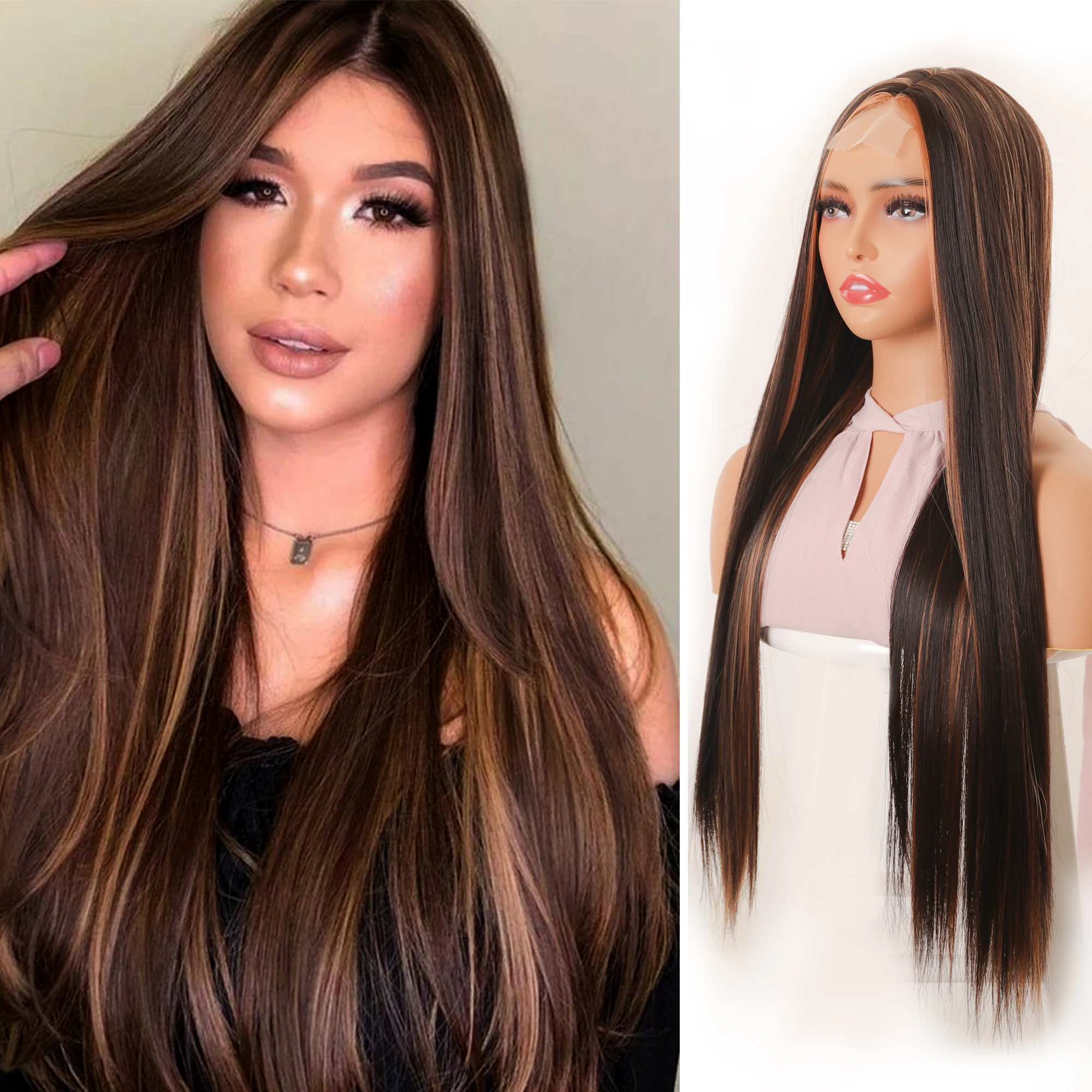 

LVHAN Synthetic Long Straight Wig Women Brown Gradient Highlights Cosplay Heat Resistant Lace Natural Hairline