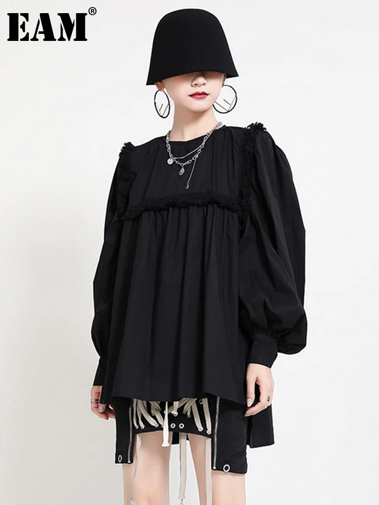 

[EAM] Women Tassel Irregular Spliced White Blouse New O-neck Long Sleeve Loose Fit Shirt Fashion Tide Spring Autumn 2022 1DD5191