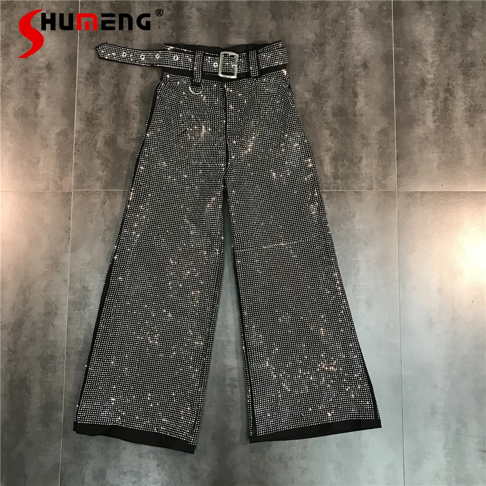 2022 Spring New Trousers Heavy Industry Full Leg Hot Drilling Shiny Trendy Belt Wide Leg Pants Loose Casual Pants for Women