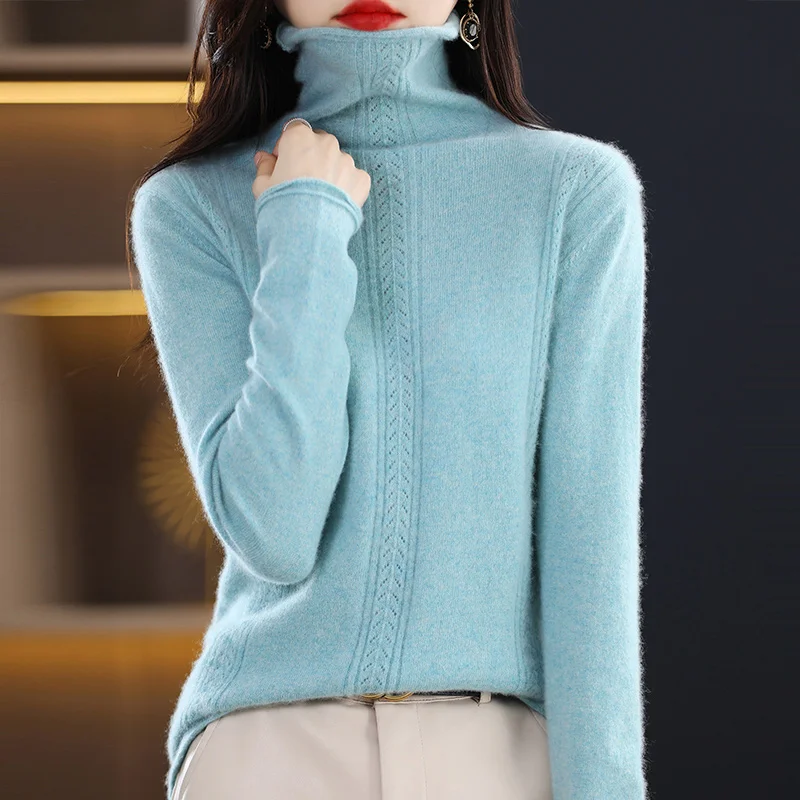New Autumn/Winter Cashmere Knitwear Women Pile Pile Collar Hollow Inside Sweater Korean Version Long Sleeve Pullover Pure Wool S