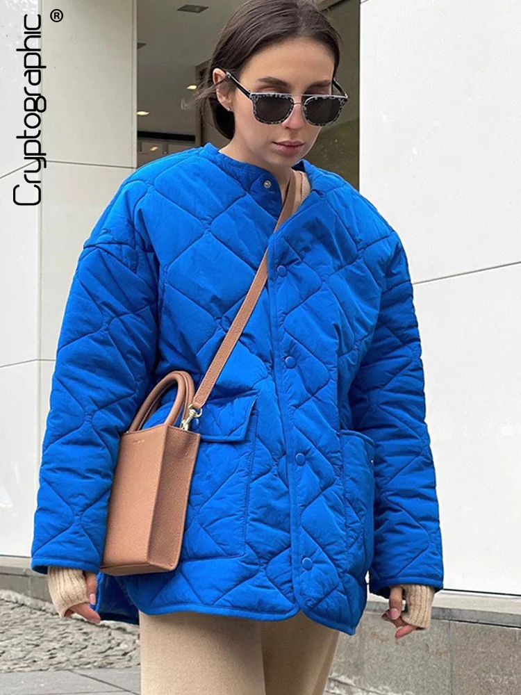 

Cryptographic Winter Blue Oversize Puffer Jackets for Women Casual Fashion Warm Cotton Button Down Quilted Coat and Jacket Loose