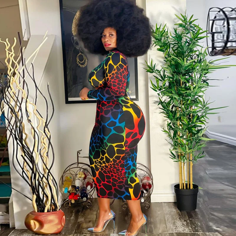 Plus Size Women's Dress New Print Skinny Wrap Hip Mid Long Sexy Nightclub Party Dress Long Sleeve Dresses for Women Sexy & Club