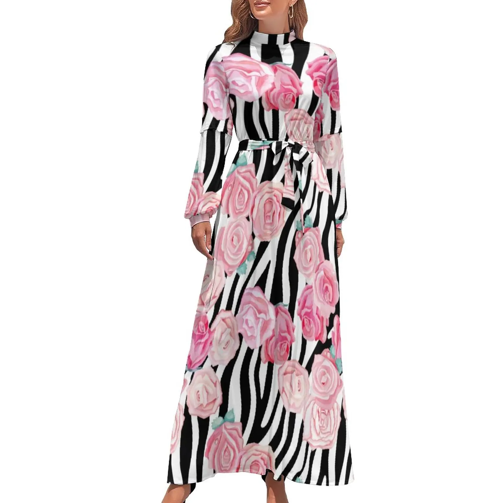 

Женское Пляжное Платье макси с принтом зебры, розовое базовое платье с длинным рукавом и высоким воротом, Элегантное Длинное Платье