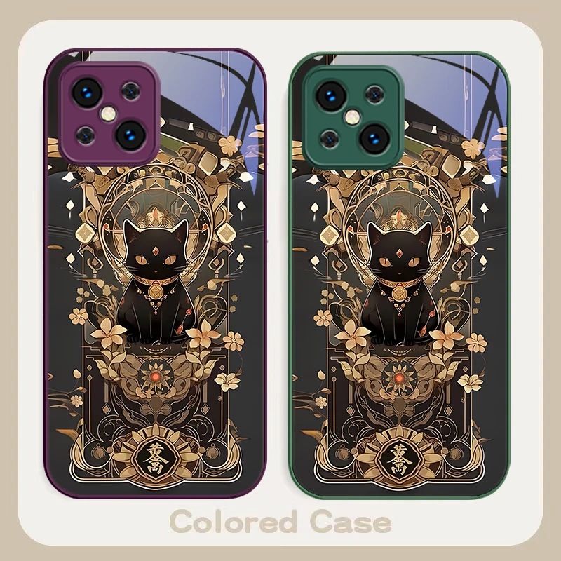 Lucky Black Cat Colorful For Find X5 X3 Lite Reno 6 4Z 5G OPPO A72 79 73 58 A54S OnePlus Nord N200 Tempered glass phone case