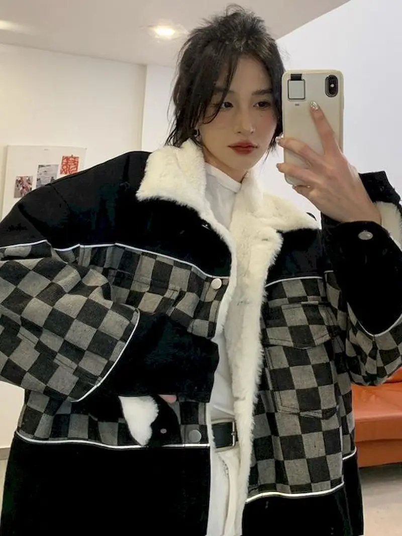 

Lapel Single-breasted Vintage Casual Woman Jacket Parkas Long Sleeve Streetwear Oversized Winter Coat Female Clothing Black Tops