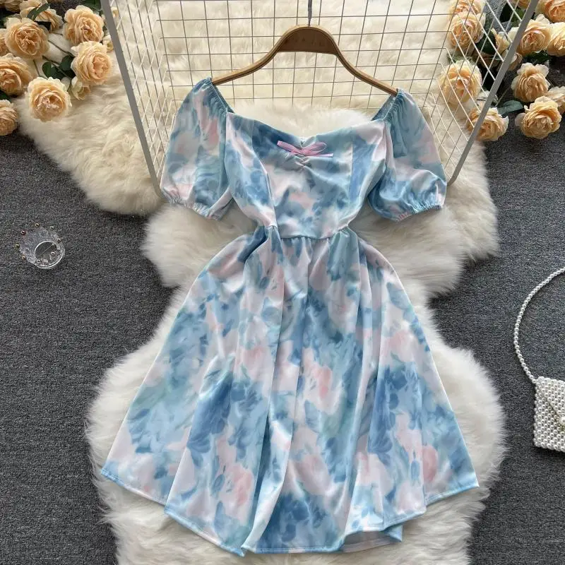 

Summer New Fashion Women Square Collar Sweet Retro Tie-dyed Print A-line Short Dress Short Sleeve Korean Clothes Vestidos E814