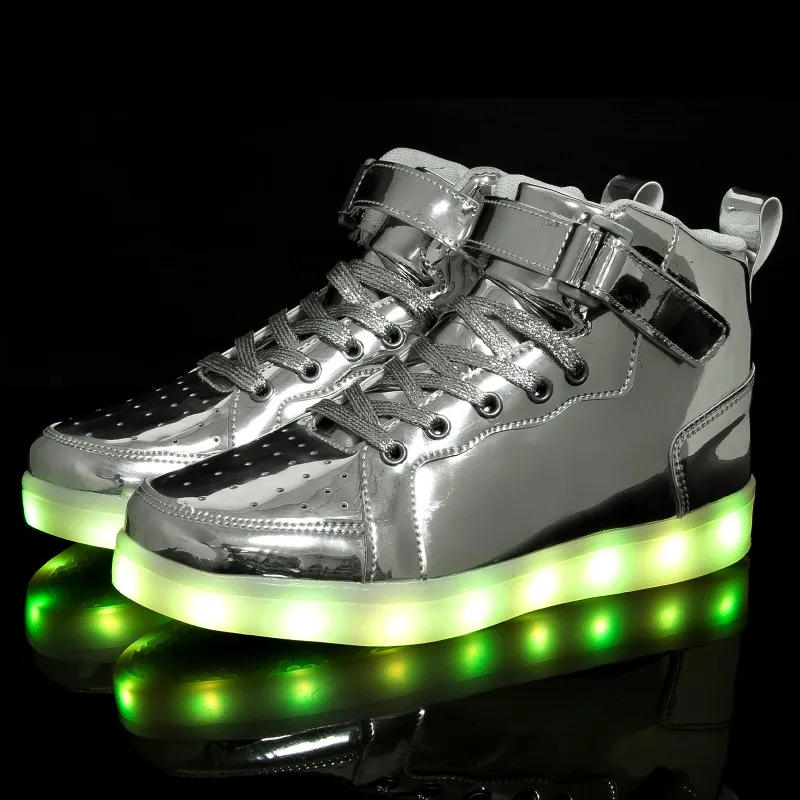 Children's Luminescent Shoes LED Light Shoes Sizes 25-38 Boys And Girls' High Top Board Shoes Mirror Faced Leather Panel Shoes