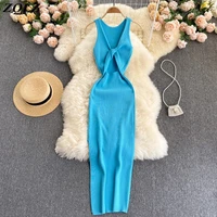 zqlz summer dress women 2022 hollow out backless sleeveless sexy knitted dresses solid party elegant long vestidos femme