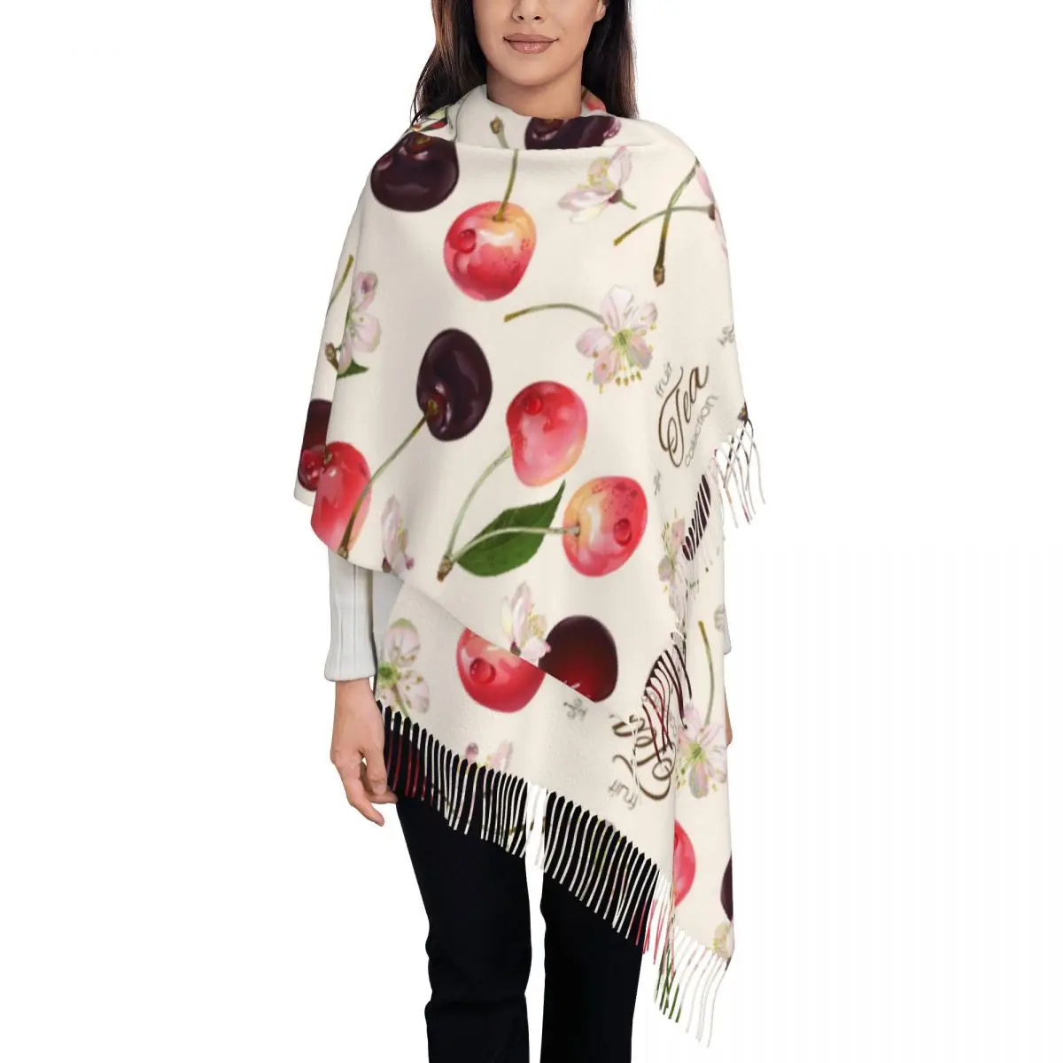 

Women Scarf Tassel Head Wraps Sweet Cherry Fruit Femme Thin Autumn Spring Winter Tassel Scarves Bandana