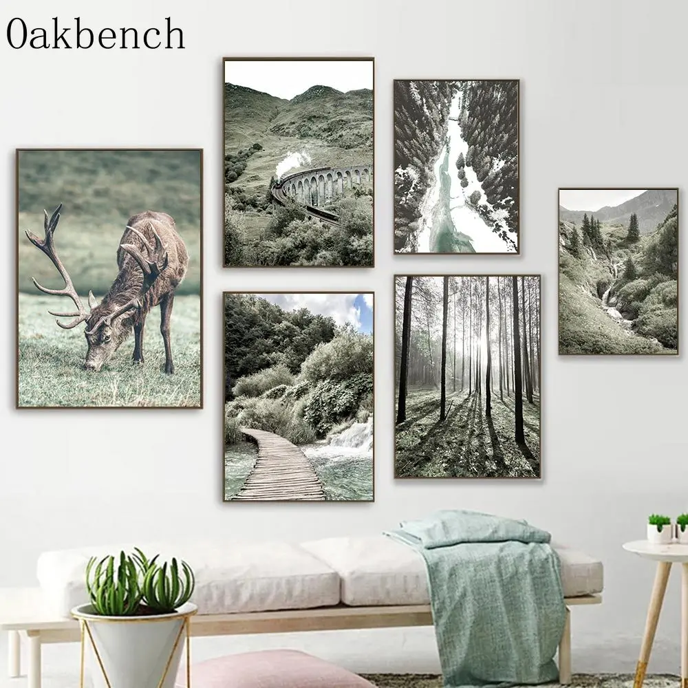 

Bridge Wall Paintings Train Canvas Poster Elk Wall Print Picture River Wall Posters Nordic Posters Summer Living Room Decoration